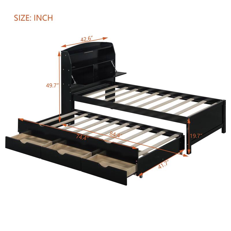 Twin Size Espresso Wooden Bed with LED Night Light, Trundle, and Under-Bed Storage Drawers