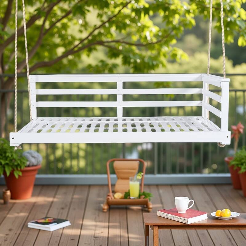 Acacia Wood Outdoor Porch Swings Daybed with 4 Hemp Ropes and Twin Size Frame