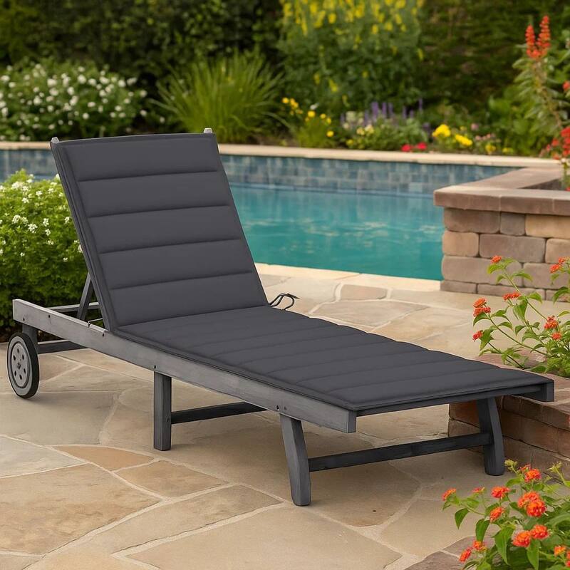 Kaye Outdoor Sun Lounger, 79 Inch Acacia Wood, Dark Gray Polyester