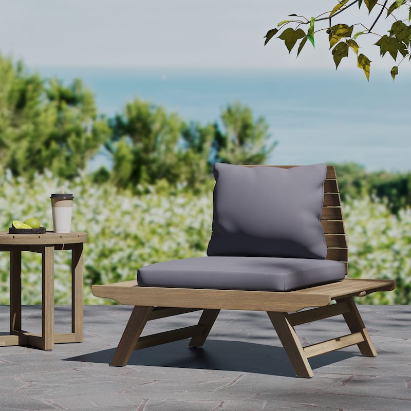 Roomfitters Modern Armless Patio Lounge Chair with Deep Cushions and Wide Acacia Base, Outdoor Seating