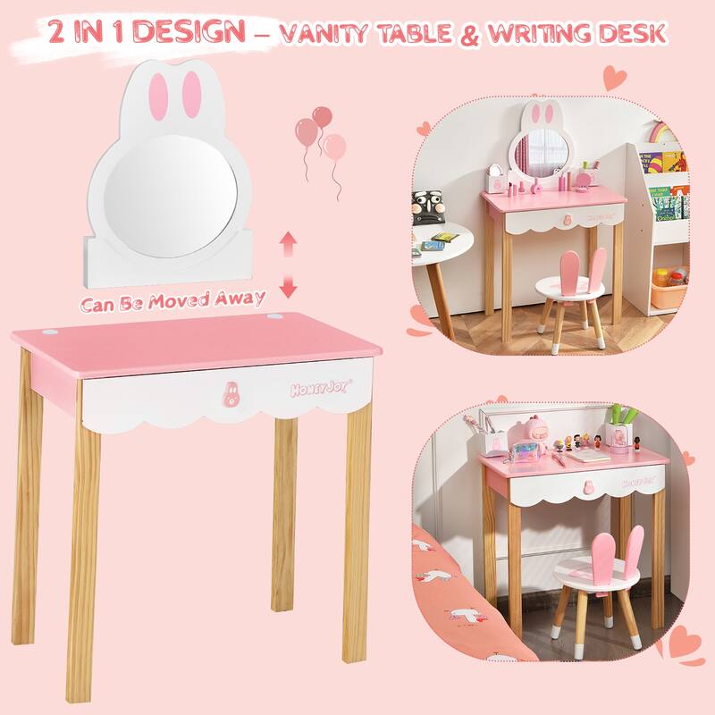 Costway Kids Vanity Set Rabbit Makeup Dressing Table Chair Set W/ - See Details