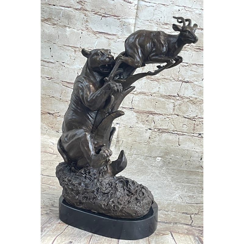 Bronze Statue Sculpture Of Lion Hunting Gazelle Impala Handmade Art Decor Safari