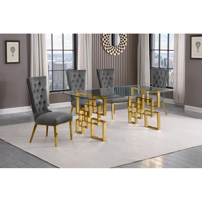 Best Quality Furniture D221/2-SC330-7 Dining Set with 12mm Tempered Glass - 5-Piece - Dark Grey with Gold