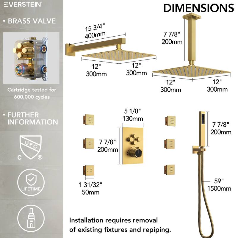 Thermostatic Dual Shower Head System ,12" High-Pressure Rainfall Shower Faucet with 4-Function Sprays