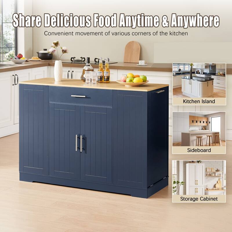 53'' Kitchen Storage Islands with Drawers and Trash Can Storage for Kitchen & Dining. Modern Farmhouse Design, Navy Blue