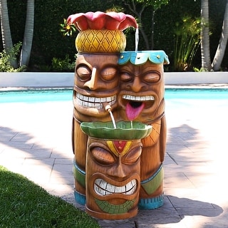 Alpine Corporation 35" Tall Outdoor 3-Tier Tiki Head Waterfall Fountain Yard Art Décor, Multicolor