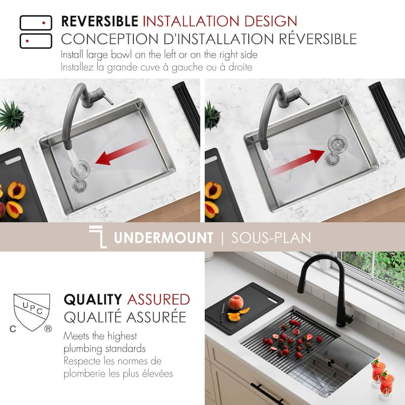 Undermount 25 inch Stainless Steel Single Bowl Workstation Kitchen Sink with Black Accessories Handmade