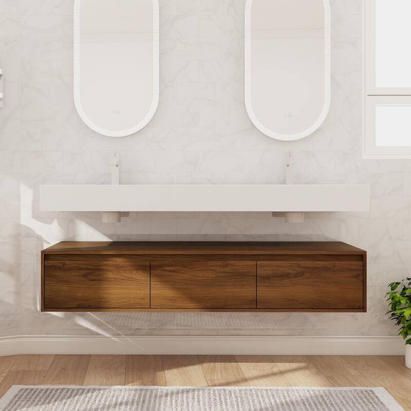 Beingnext 30"/60" Wall Mounted Bathroom Vanity with Sink, Floating Bathroom Vanity with Soft Close Drawer - 60''W - Brown Ebony-60'' Sink