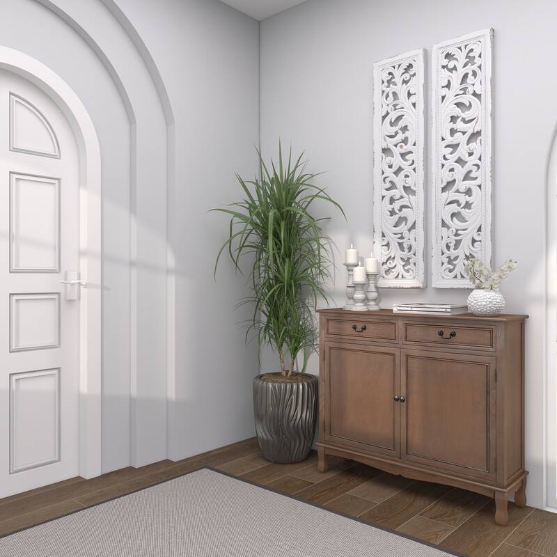 White Wood Handmade Slim Distressed Carved Panel Scroll Home Wall Decor (Set of 2)