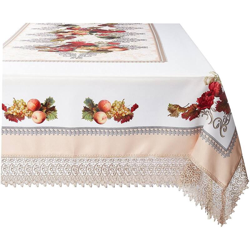 Violet Linen Fruttela Decorative Printed With Lace Trimming Pattern Tablecloth - 52" X 70" - Ivory