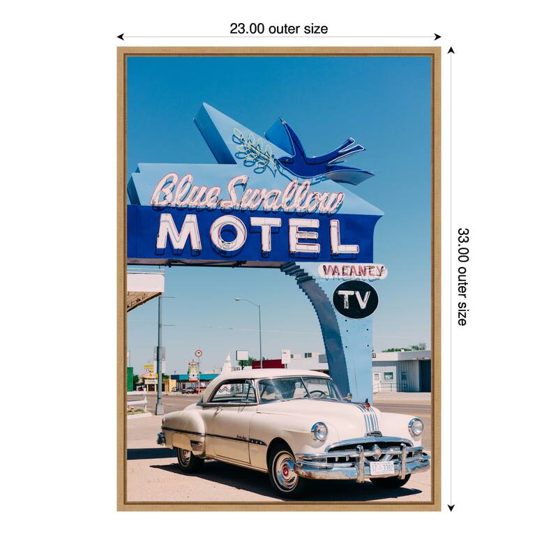 Blue Swallow Motel by Bethany Young Framed Canvas Wall Art Print - Sylvie Natural - 23 x 33 in