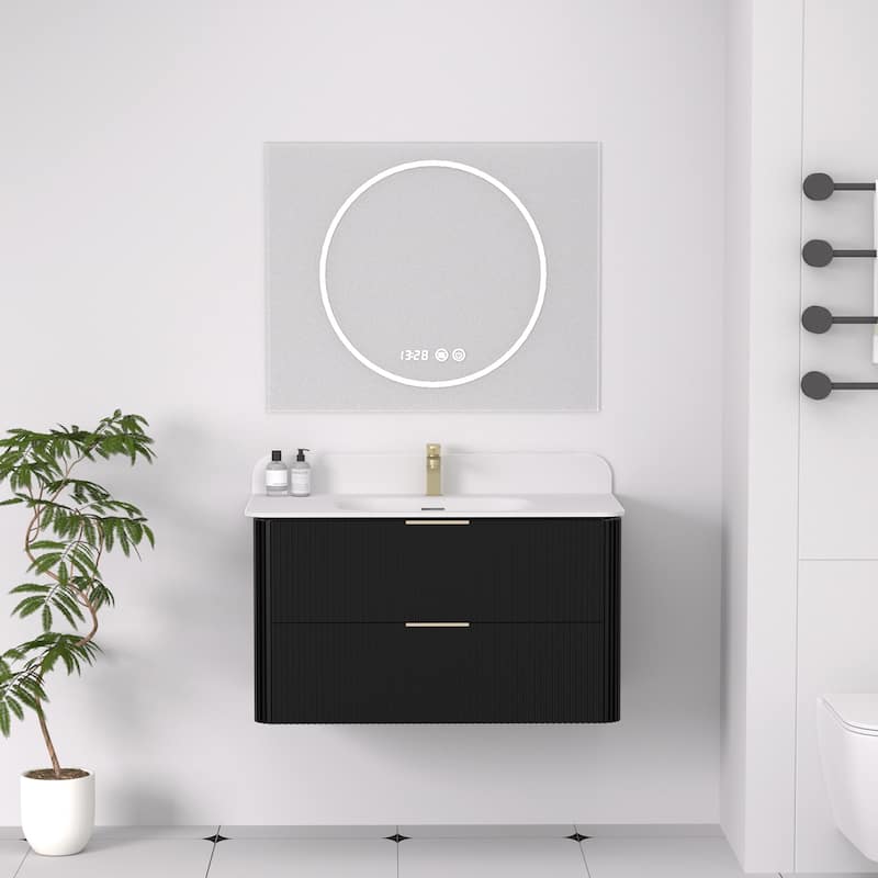 36" Floating Bathroom Vanity with Integrated countertop Rectangulare Sink Solid Wood