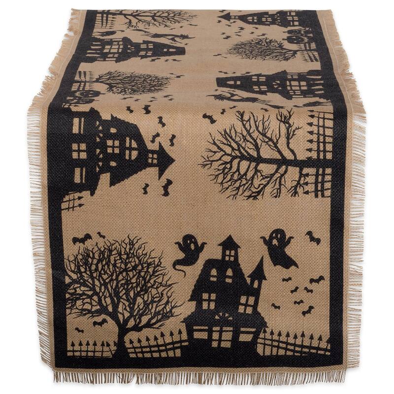 Haunted House Fringed Halloween Table Runner - 108" - Black and Beige