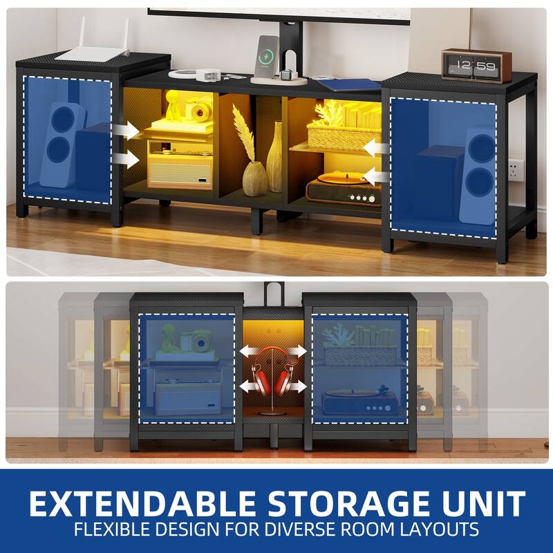 Moasis Modern Extendable LED TV Stand with Adjustable Mount and Glass Shelves