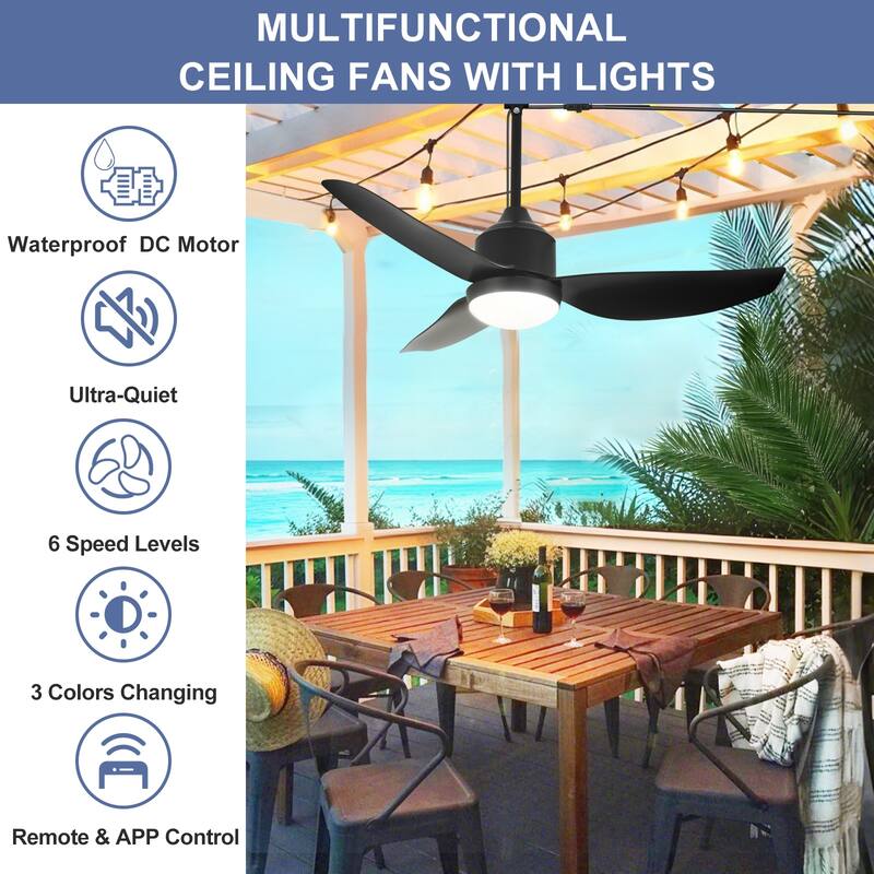 Outdoor Ceiling Fan with Light: 42-52 Inch Hanging - Plug in Waterproof Fans for Patio - Dimmable Remote App Control Black