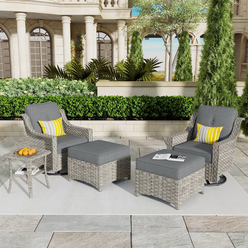 HOOOWOOO 5-piece Rattan Outdoor Furniture Patio Swivel Chair Chat Set with Ottoman - Dark Grey
