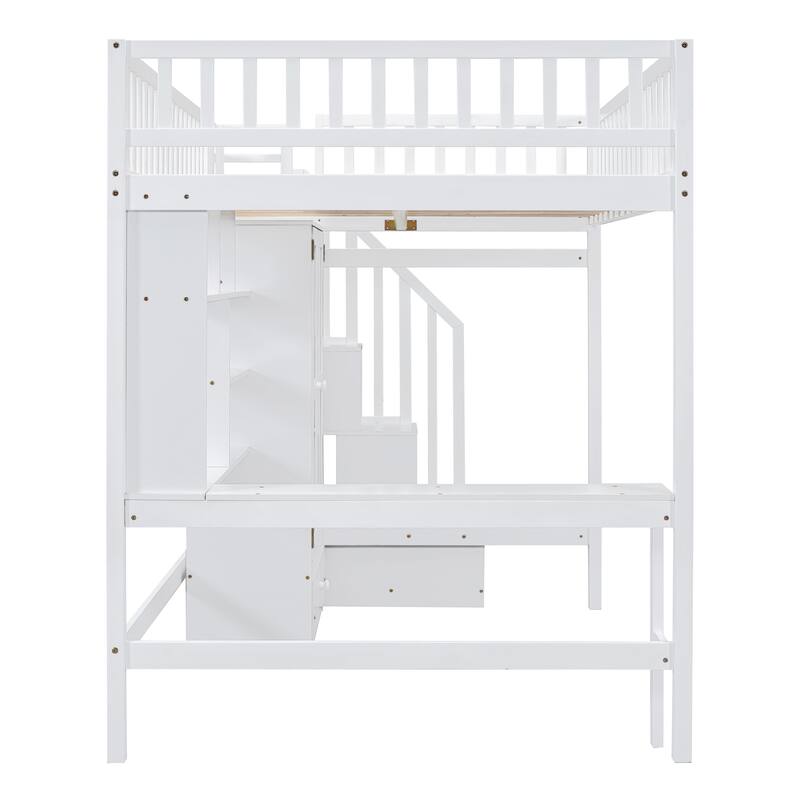 Full Size Loft Bed with Bookshelf, Drawers, Desk, and Wardrobe in White