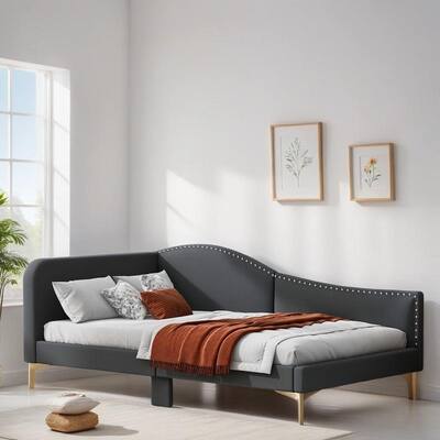 Modern Twin Size Wave Upholstered Daybed with Headboard and Armrest, Support Legs