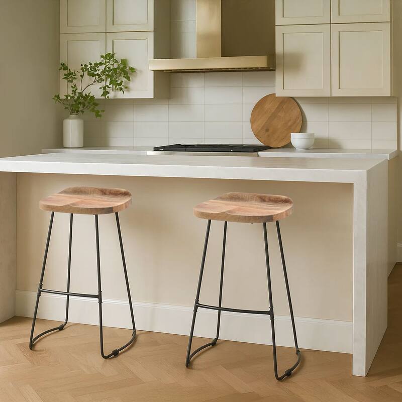 Tiva 30 Inch Handcrafted Backless Barstool, Natural Brown Mango Wood Saddle Seat, Black Metal Base