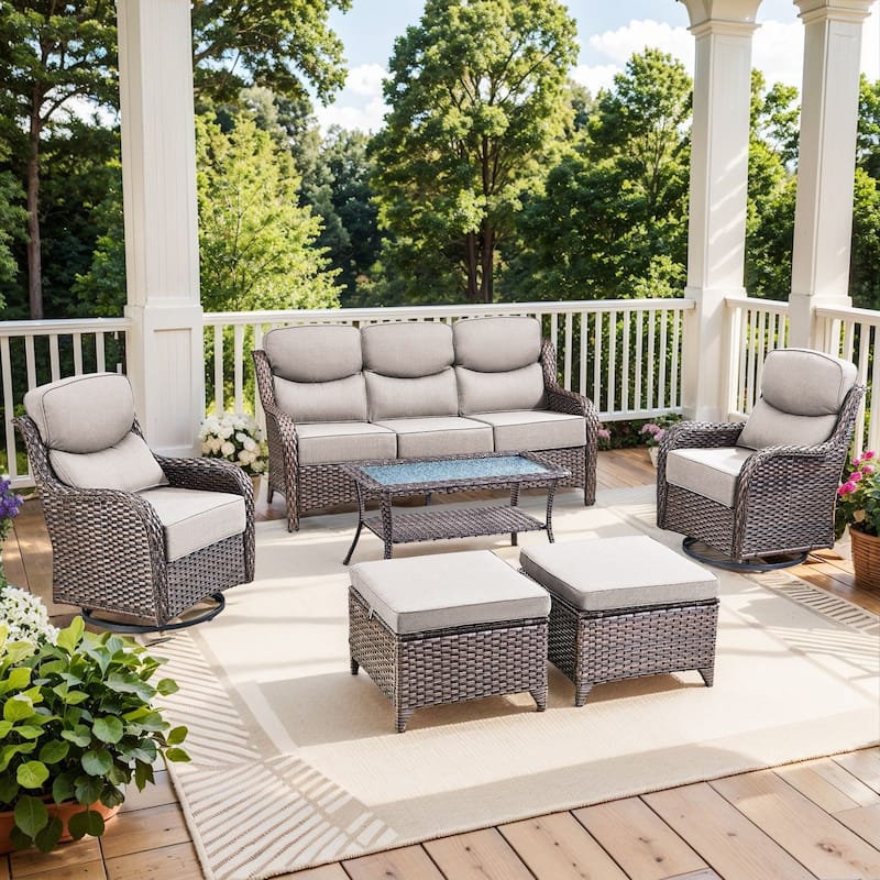 Outdoor Patio Sofa Swivel Chair with 6-Inch Thick Cushions Set - Brwon Wicker Beige Cushion - 6PCS Sofa w/ Swivel Chair Table Ottoman