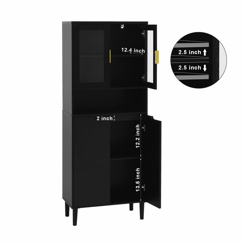 Tall Kitchen Pantry Cabinet with 2 Glass Display Doors & 2 Solid Doors