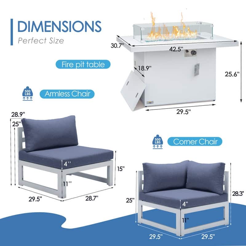 FINCATI Modern 7 Piece White Aluminum Outdoor Furniture Set with Propane/Natural Gas Firepit Table