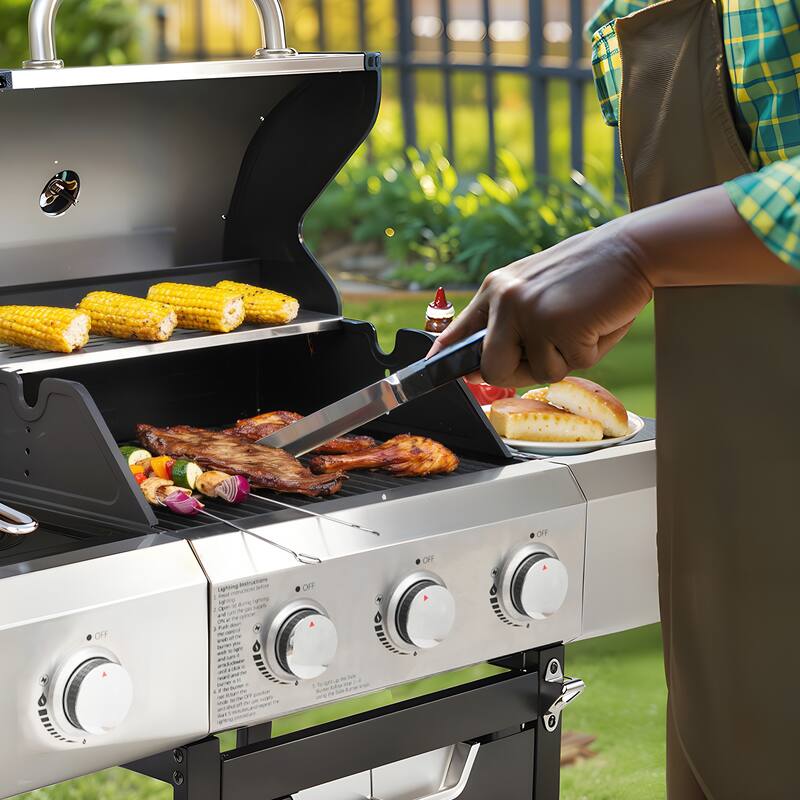 Propane Grill 3 Burner Barbecue Grill Stainless Steel Gas Grill with Side Burner, for Outdoor BBQ, Camping