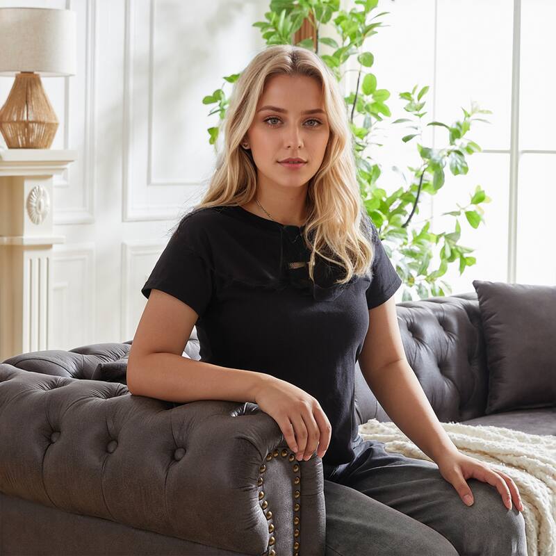 Grey 85.5" Tech Fabric 3-Seater Chesterfield Sofa with Rolled Arms, 2 Cushions