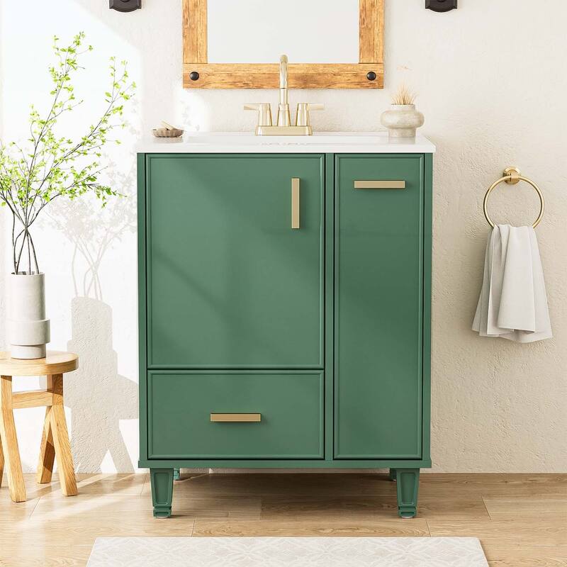 Freestanding Vanity Set with Door Shelf,Deep Drawer,2-Tier Pull-Out Basket - Green