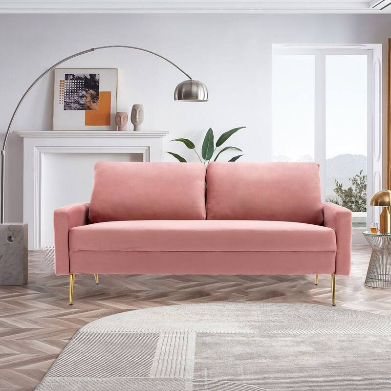 Upholstered Square Arms Fabric Sofa with Pillows - 70W*30L*32.7H - Pink