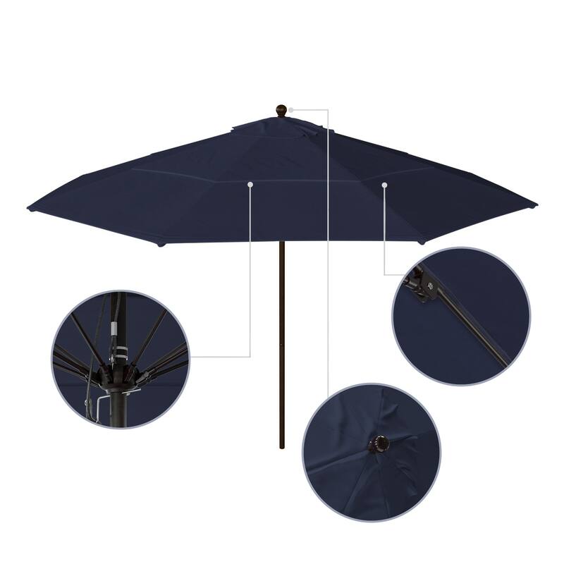 California Umbrella 11' Venture Series Patio Umbrella, Bronze Aluminum Pole Fiberglass Ribs Pulley Lift, Olefin Royal Blue