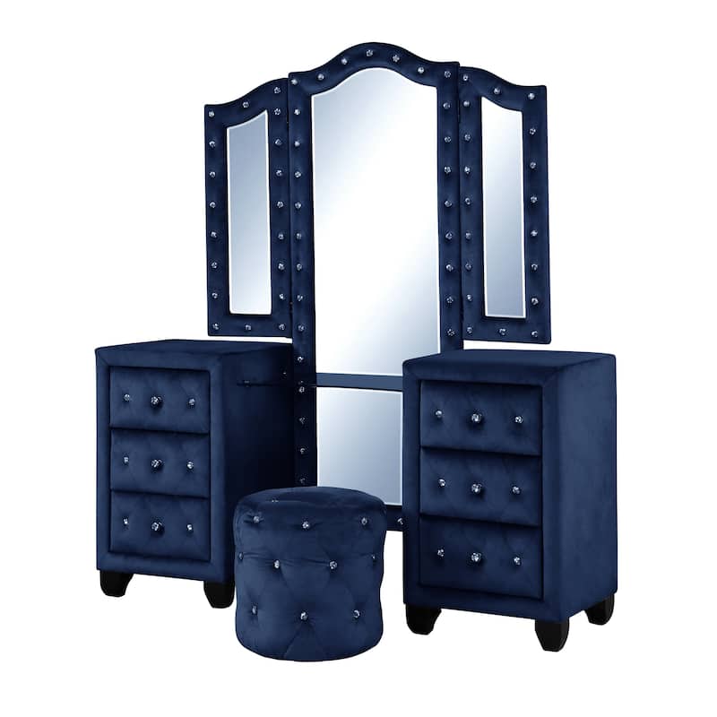 Monica Modern Style Crystal Tufted 4PC/5PC Vanity Bedroom Set Made with Wood