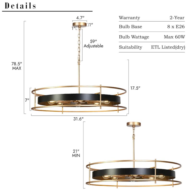 31" Modern Luxury 8-Light Black Gold Wheel Chandelier Oversize Pendant Light for Kitchen Island - 31.6 " × 17.5 "