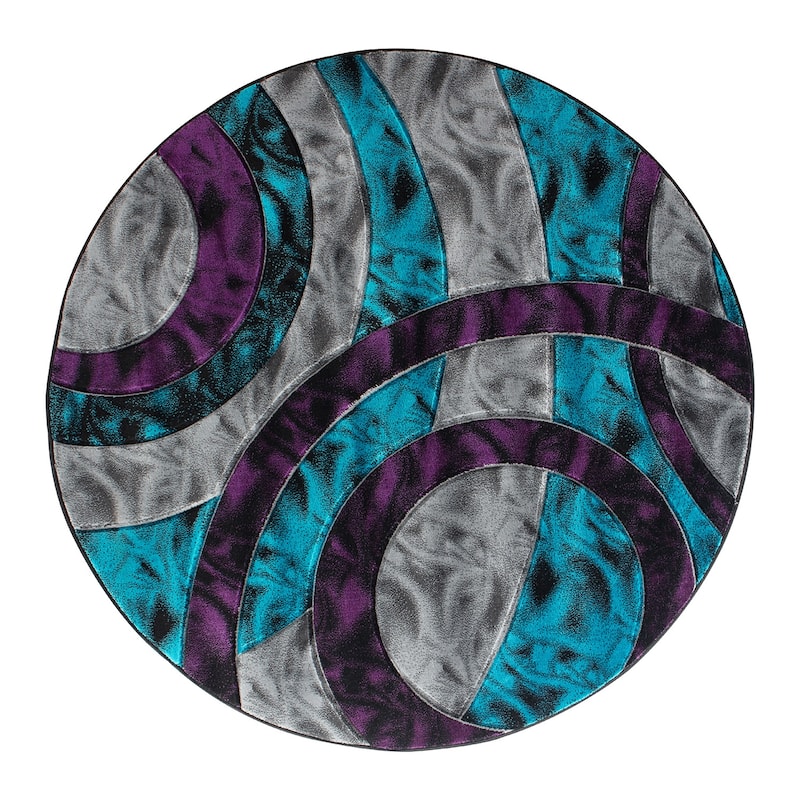 Orelsi Collection Abstract Area Rug - 8'1" Round - Turquoise/Purple