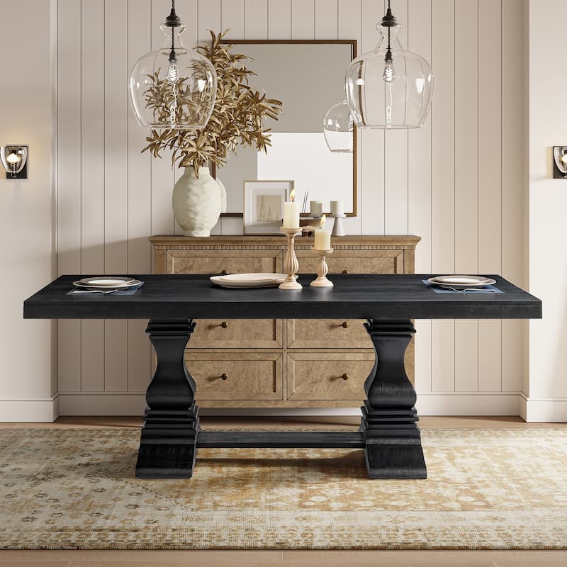 Pawel 86" Farmhouse Double Pedestal Dining Table with Two Built-in Divided Drawers by HULALA HOME