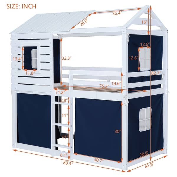 dimension image slide 1 of 2, Playhouse Design Twin Size Bunk Wood House Bed with Tent, Blue+White