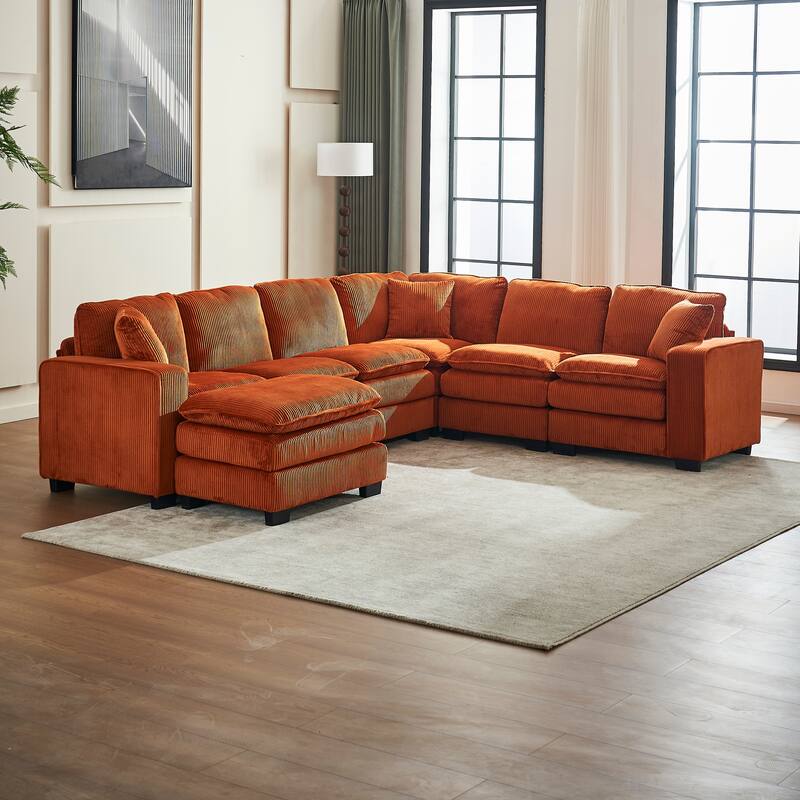 Corduroy Upholstered U-shaped Chaise Sectional Sofa Modular Sleeper Sofa Bed Deep Seat Couch with Ottoman and Pillows