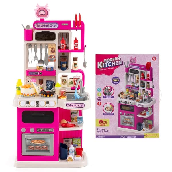 slide 2 of 20, Costway Kids Kitchen Playset with Realistic Sounds Lights Play Sink 95 - See Details Pink