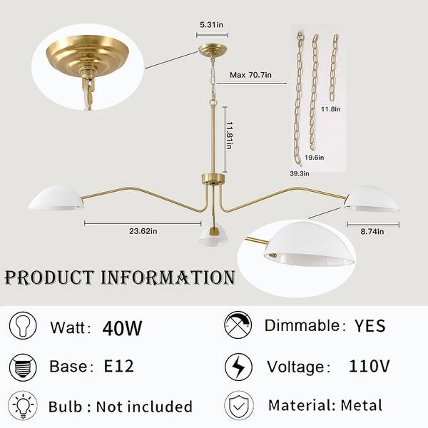 Mid-Century Brass Chandelier Modern Farmhouse Pendant Light - 3 Light-65.5*32.48in