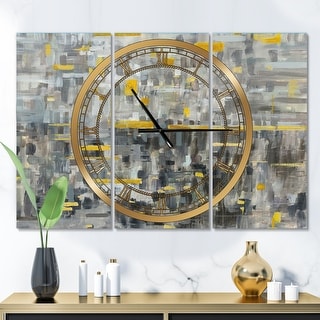 Designart 'Glam Gold Reflection' Glam 3 Panels Oversized Wall CLock - 36 in. wide x 28 in. high - 3 panels