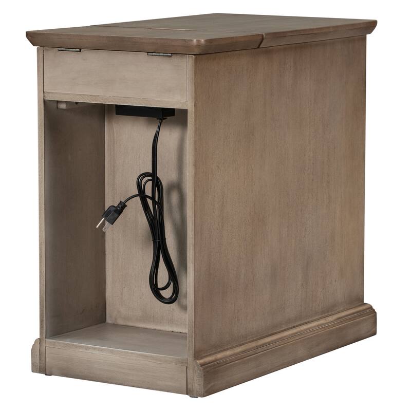 14" Vintage Rectangular Solid Wood End Table with USB Ports and One Multifunctional Drawer