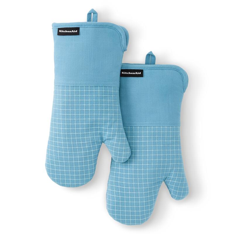 KITCHENAID Gourmet Series Gridlines Oven Mitts 2-Pack Set, Heat Resistant up to 600°F, Soft Silicone Grip, Magnetic Cuff - Blue Velvet