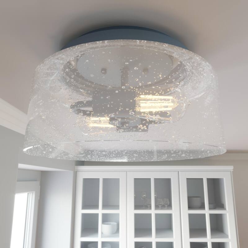 Hunter Hartland 2-Light Flush Mount Ceiling Light, Damp Rated - Bathroom, Bedroom, Hallway - Farmhouse, Industrial - Indigo Blue