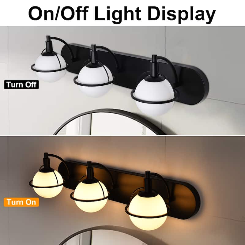 3 - Light Modern Wall Sconce, Black Metal with White Globe Glass Shades