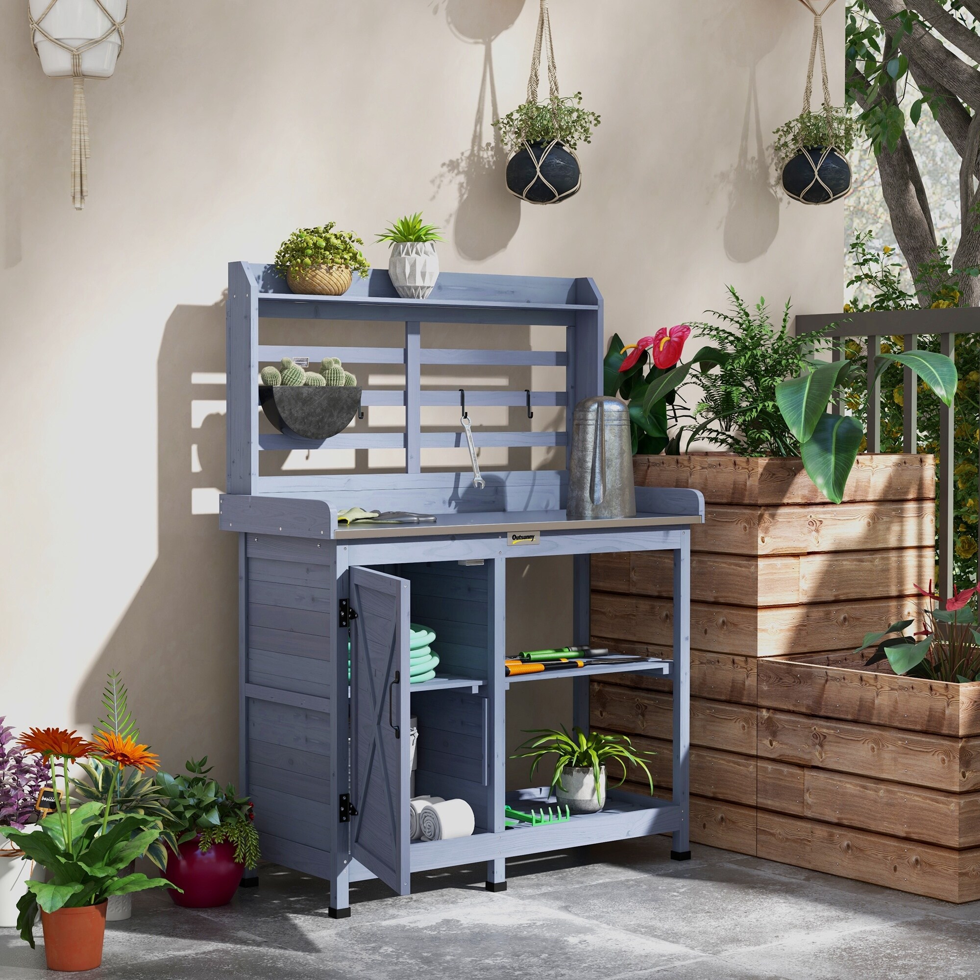 Outsunny Wooden Potting Bench Outdoor Potting Table with Storage Cabinet Storage Shelves Aluminum Table Top