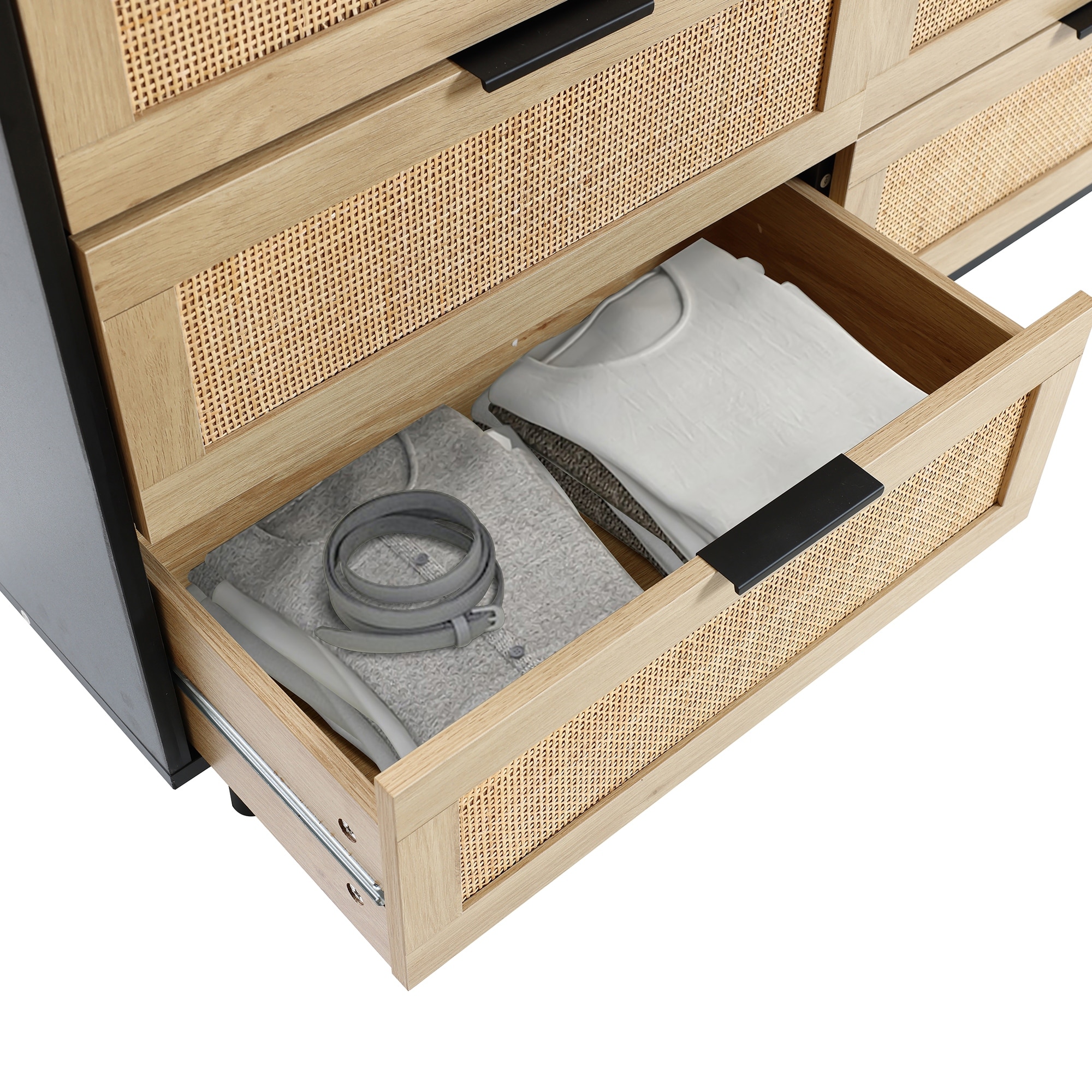 LuxenHome Black and Brown Wood 6-Drawer Rattan Dresser LuxenHome Black and Brown Wood 6-Drawer Rattan Dresser