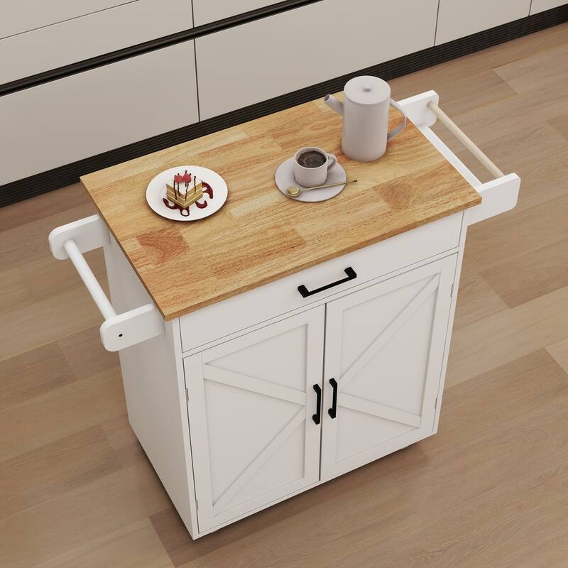 MDF Kitchen Cart with 2 Door Cabinet, Adjustable Shelves, Seasoning Space and Towel Rack