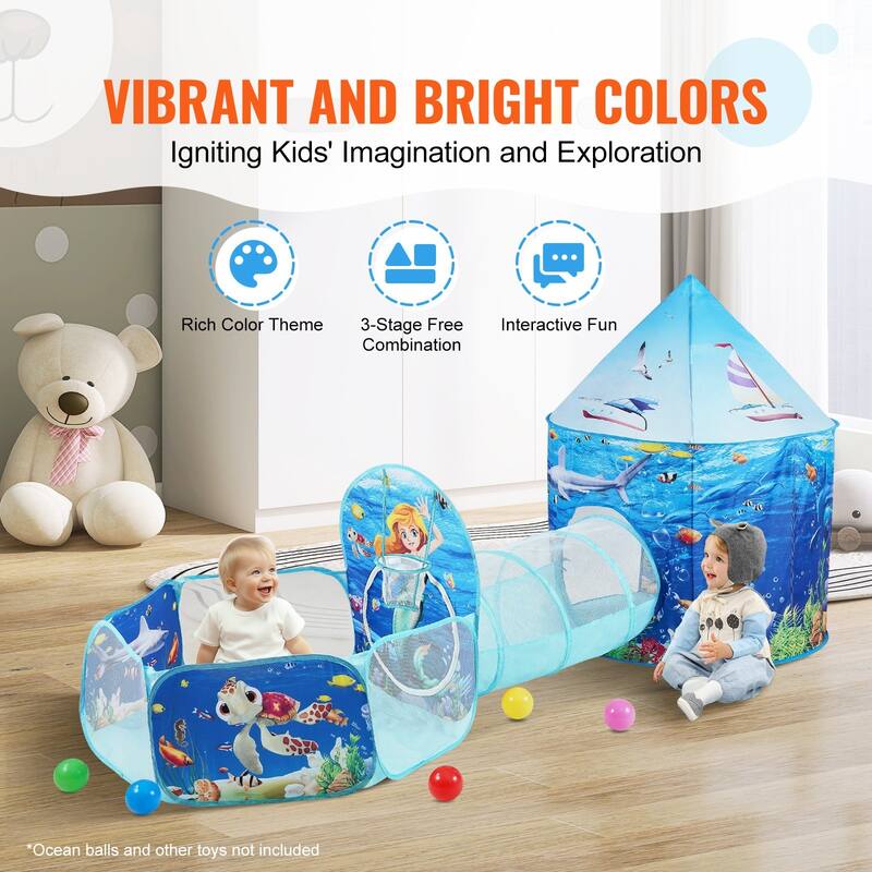 Multi Color Kids Tent Tunnel Set, 3 Piece Polyester Playhouse with Ball Pit - 39.4” L x 50” H