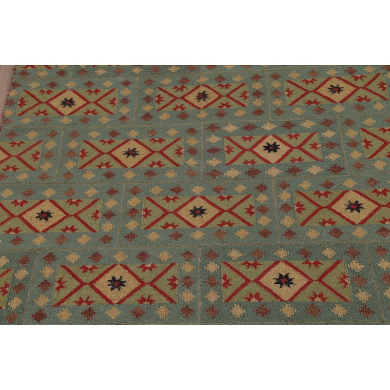 Geometric Kilim Oriental Area Rug Flatweave Green Wool Carpet - 5'7"x 9'0"