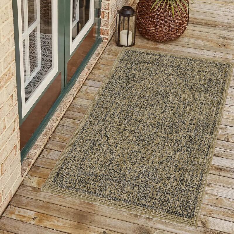 Indoor/Outdoor Area Rug/ Runner/ Doormat- Blue & Natural & Red & Taupe Color -Machine Washable, Weather and UV Resistant-Zaria